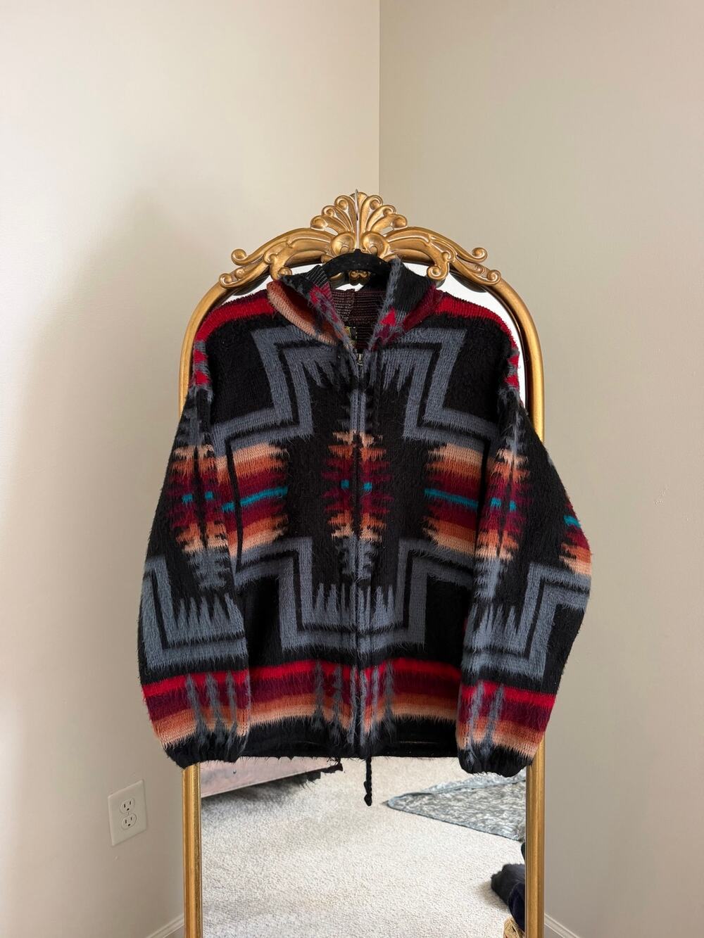 Vintage Tejidos Ruminahui Ecuador Aztec Southwestern Zip Up Hoodie Jacket